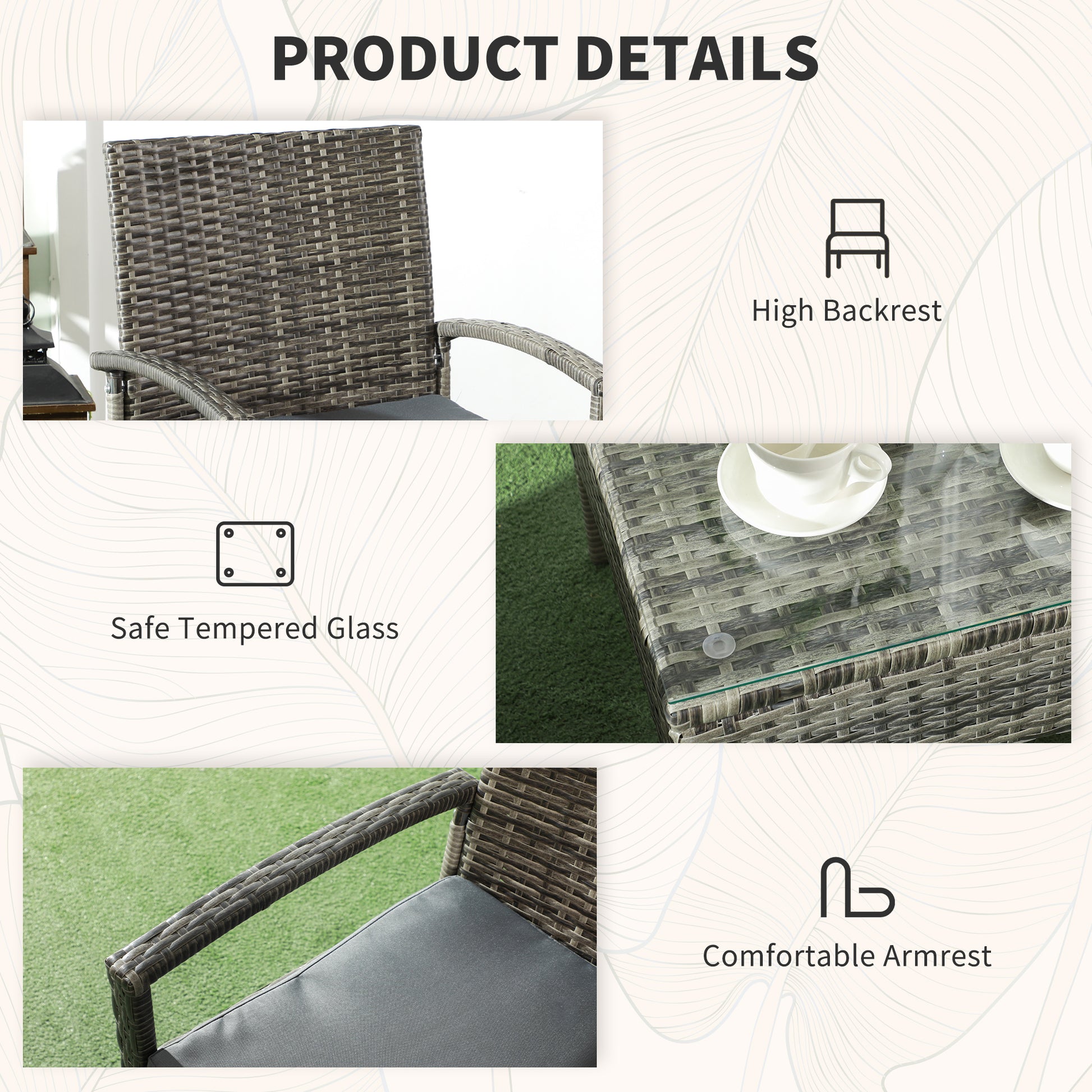 Rattan Bistro Set, 3 Pieces Garden Furniture Set with Cushions