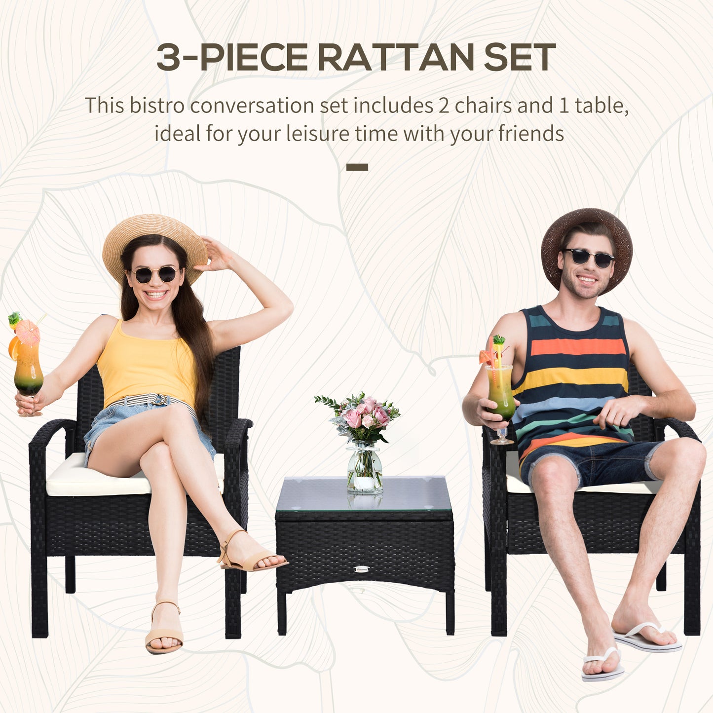 Rattan Bistro Set, 3 Pieces Garden Furniture Set with Cushions