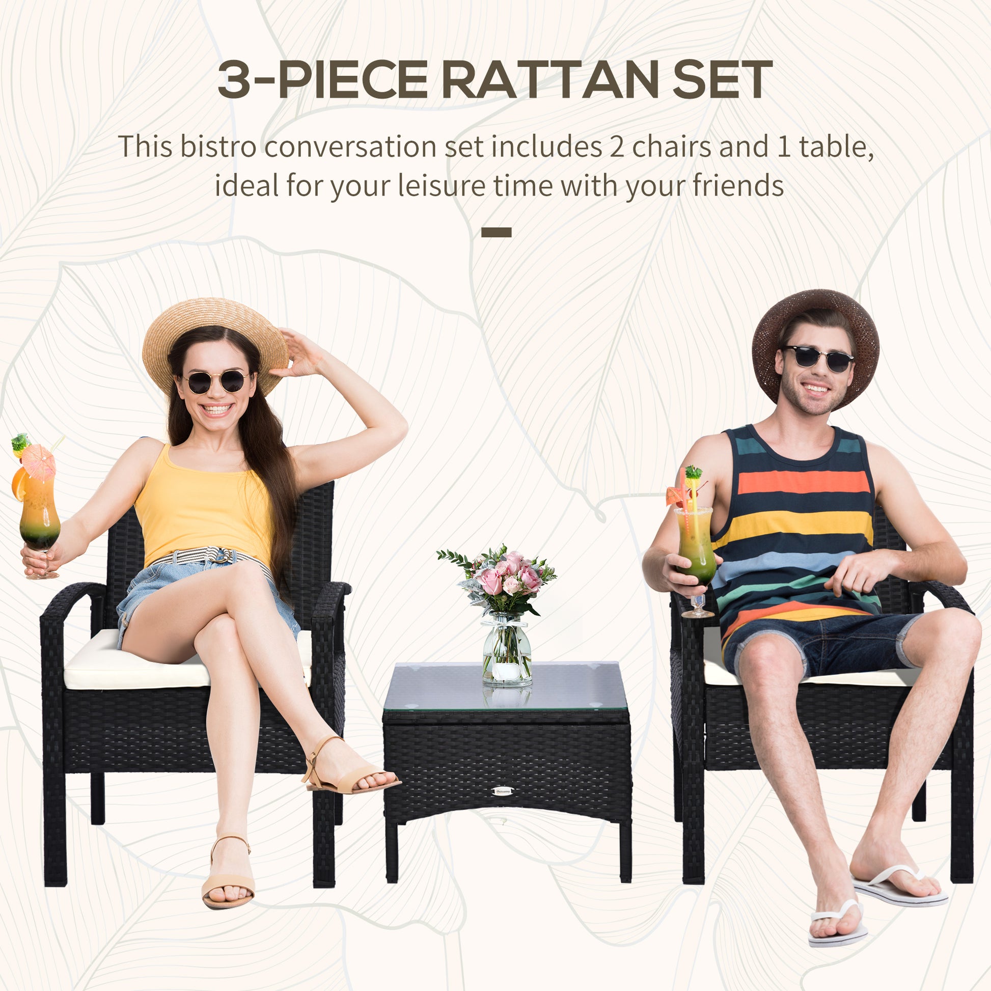 Rattan Bistro Set, 3 Pieces Garden Furniture Set with Cushions